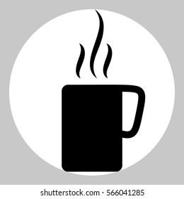 Coffee or tea cup icon. Black icon in white circle at gray background. 