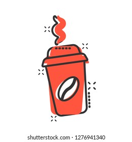 Coffee, tea cup icon in comic style. Coffee mug vector cartoon illustration pictogram.