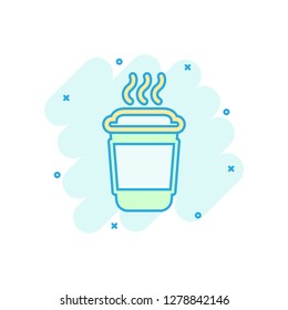 Coffee, tea cup icon in comic style. Coffee mug vector cartoon illustration pictogram. Drink business concept splash effect.