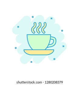 Coffee, tea cup icon in comic style. Coffee mug vector cartoon illustration pictogram. Drink business concept splash effect.