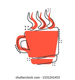 Coffee, tea cup icon in comic style. Coffee mug vector cartoon illustration pictogram. Drink business concept splash effect.