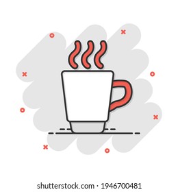 Coffee, tea cup icon in comic style. Coffee mug vector cartoon illustration pictogram. Drink business concept splash effect.