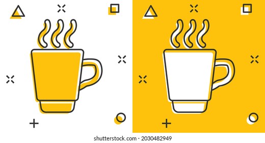 Coffee, tea cup icon in comic style. Coffee mug vector cartoon illustration pictogram. Drink business concept splash effect.