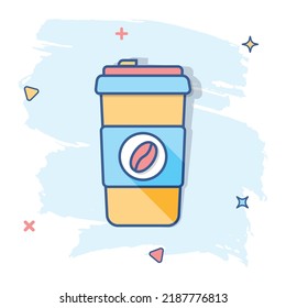 Coffee, tea cup icon in comic style. Coffee mug vector cartoon illustration pictogram. Drink business concept splash effect.