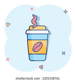 Coffee, tea cup icon in comic style. Coffee mug vector cartoon illustration pictogram. Drink business concept splash effect.