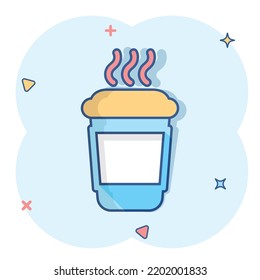 Coffee, tea cup icon in comic style. Coffee mug vector cartoon illustration pictogram. Drink business concept splash effect.