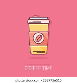 Coffee, tea cup icon in comic style. Coffee mug vector cartoon illustration pictogram. Drink business concept splash effect.
