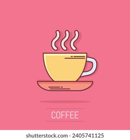Coffee, tea cup icon in comic style. Coffee mug vector cartoon illustration pictogram. Drink business concept splash effect.