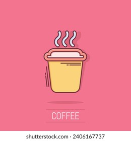 Coffee, tea cup icon in comic style. Coffee mug vector cartoon illustration pictogram. Drink business concept splash effect.