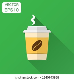 Coffee, tea cup icon in flat style. Coffee mug vector illustration with long shadow. Drink business concept.