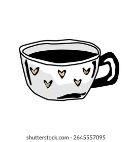 Coffee and tea cup icon in hand drawn style. Craft ceramic mug decorated with hearts. Doodle pretty coffee mug. Vector isolated illustration.