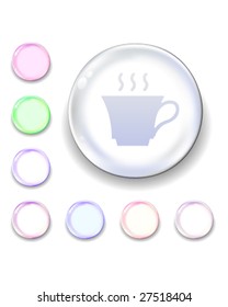 Coffee or tea cup icon on translucent glass orb vector button