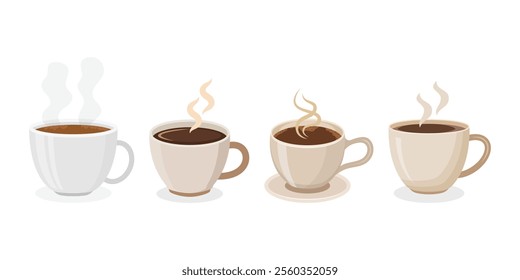 Coffee or tea cup icon set in flat style. Hot drink vector illustration on isolated background. Mug sign business concept.