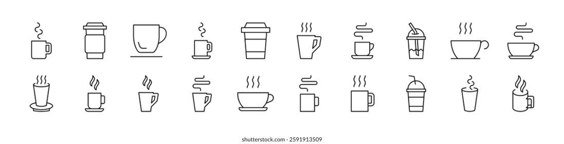 Coffee or Tea Cup Icon Set for UI, Placards, Books, Apps. Editable Stroke. Suitable for Web Sites, Books, Cards, Apps 