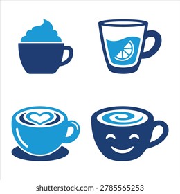 Coffee and Tea Cup Icon Set with Latte Art Smiley Face Lemon Water and Whipped Cream