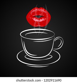 Coffee, tea cup icon, stylized sketch symbols for restaurant or cafe menu. Red kissing sexy girl lips isolated icon. Lips, mouth vector symbol.