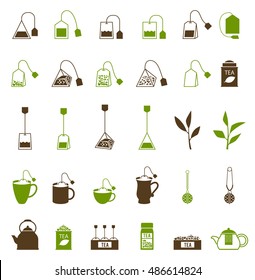 Coffee and Tea cup icon. Teapot and tea bag, tea ceremony. Fresh tea and green leaves.