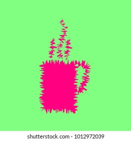 Coffee or tea cup icon. Vector. Magenta rough icon on greenish background. Isolated.