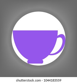 Coffee or tea cup icon. Vector. Violet icon on white circle with shadow at gray background.