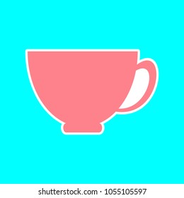 Coffee or tea cup icon. Vector. Magenta icon with white sticker contour at sky blue background. Isolated.