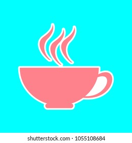 Coffee or tea cup icon. Vector. Magenta icon with white sticker contour at sky blue background. Isolated.