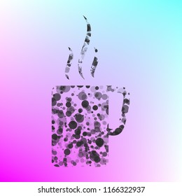 Coffee or tea cup icon. Vector. Gray icon with bubbled texture at color background with pink and sky blue corners.