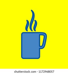 Coffee or tea cup icon. Vector. Office style blue icon at yellow background.