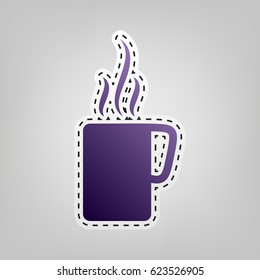 Coffee or tea cup icon. Vector. Violet icon with outline for cutting out at gray background.