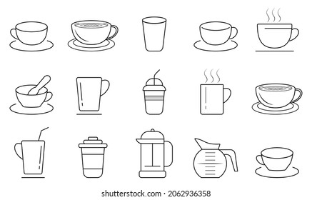 Coffee and tea cup icons set. Coffee cup, thermos, teapot, cup, cappuccino icon .Tea and coffee cup vector. Editable Stroke