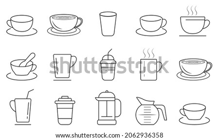 Coffee and tea cup icons set. Coffee cup, thermos, teapot, cup, cappuccino icon .Tea and coffee cup vector. Editable Stroke