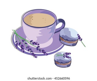 Coffee or Tea cup with lavender Macaroons. Vintage Delicious Vector Illustration