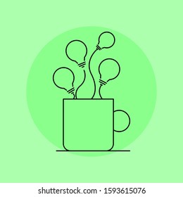 Coffee or tea cup with light bulbs. Concept of idea and creativity. Outline thin line flat illustration. Isolated. 