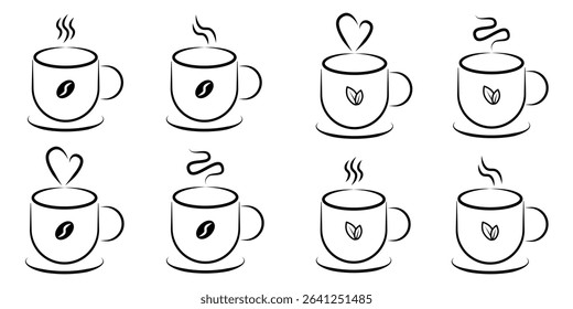 Coffee and Tea Cup Line Art Icons Set. A comprehensive set of twelve minimalist line art icons featuring hot coffee cups.