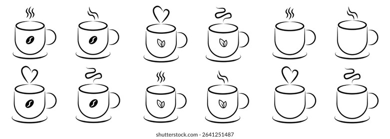 Coffee and Tea Cup Line Art Icons Set. A comprehensive set of twelve minimalist line art icons featuring hot coffee cups. Vector illustration.