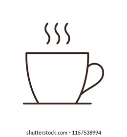Coffee or tea cup linear icon isolated on white background. Hot drink cup vector illustration. Coffee shop logo. Cafe or restaurant menu design element. Tea house outline web pictogram.