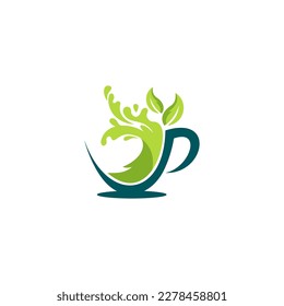 logotipo de taza de café o té con una hoja en ella