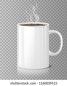 Coffee or tea cup mockup with white steam isolated. Black coffee in ceramic cup, morning blank Realistic mug. Vector illustration