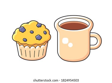 Coffee or tea cup and muffin isolated cartoon vector