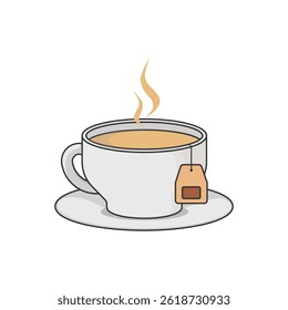 Coffee or tea cup mug evaporation vapour with tea bag flat illustration . Vector illustration cartoon flat icon isolated on white background.