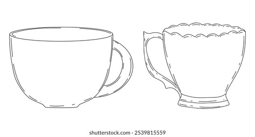 Coffee and tea cup, mug hand drawn doodle illustration. Vector set with black and white kitchen supplies on white background