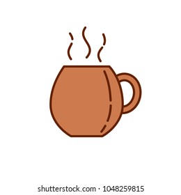 Coffee tea cup mug icon. Linear style illustration. Cup with hot beverage with aroma steam. Mug isolated on white. Light brown pastel color.