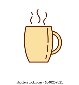 Coffee tea cup mug icon. Linear style illustration. Cup with hot beverage with aroma steam. Mug isolated on white. Light yellow pastel color.