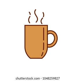 Coffee tea cup mug icon. Linear style illustration. Cup with hot beverage with aroma steam. Mug isolated on white. Ocher pastel color.