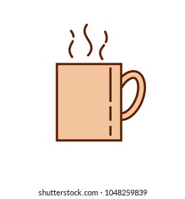 Coffee tea cup mug icon. Linear style illustration. Cup with hot beverage with aroma steam. Mug isolated on white. Light brown color.