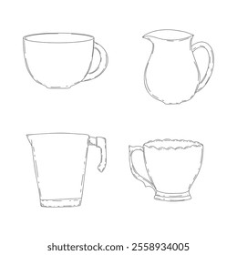 Coffee and tea cup, mug, pottery jug hand drawn doodle illustration. Vector set with black and white kitchen supplies on white background