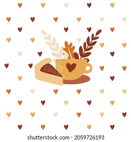 Coffee or tea cup with pie on autumn leaves and hearts background. Autumn drink. Vector illustration for cards
