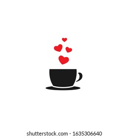 coffee or tea cup with red flying  hearts. Mug with tea or coffee icon flat. Vector Illustration. Love coffee. Morning coffee inspiration. Romantic date. St. Valentine card