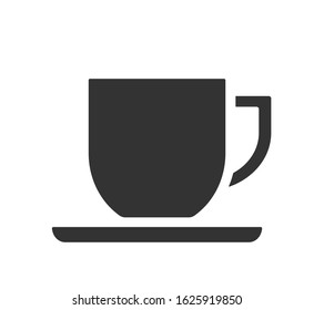 Coffee or tea cup with saucer icon symbol. Cafeteria logo. Vector illustration image. Black silhouette isolated on white background.
