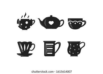 Coffee and tea cup set. Teatime mug vector icons in cartoon style.