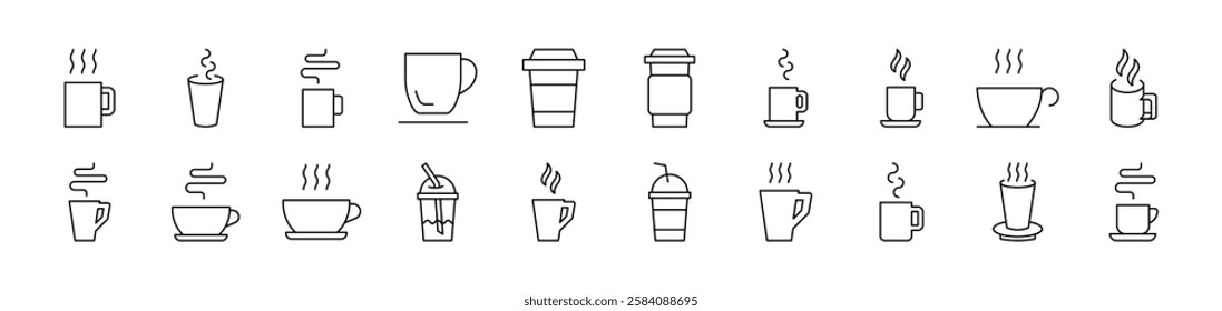 Coffee or Tea Cup Set of Thin Icons. Editable Stroke. Suitable for Web Sites, Books, Cards, Apps 